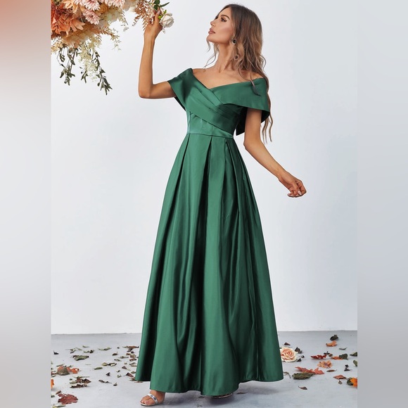 Faeriesty fold pleated detail off shoulder satin cocktail party maxi dress 2XL - Picture 3 of 10